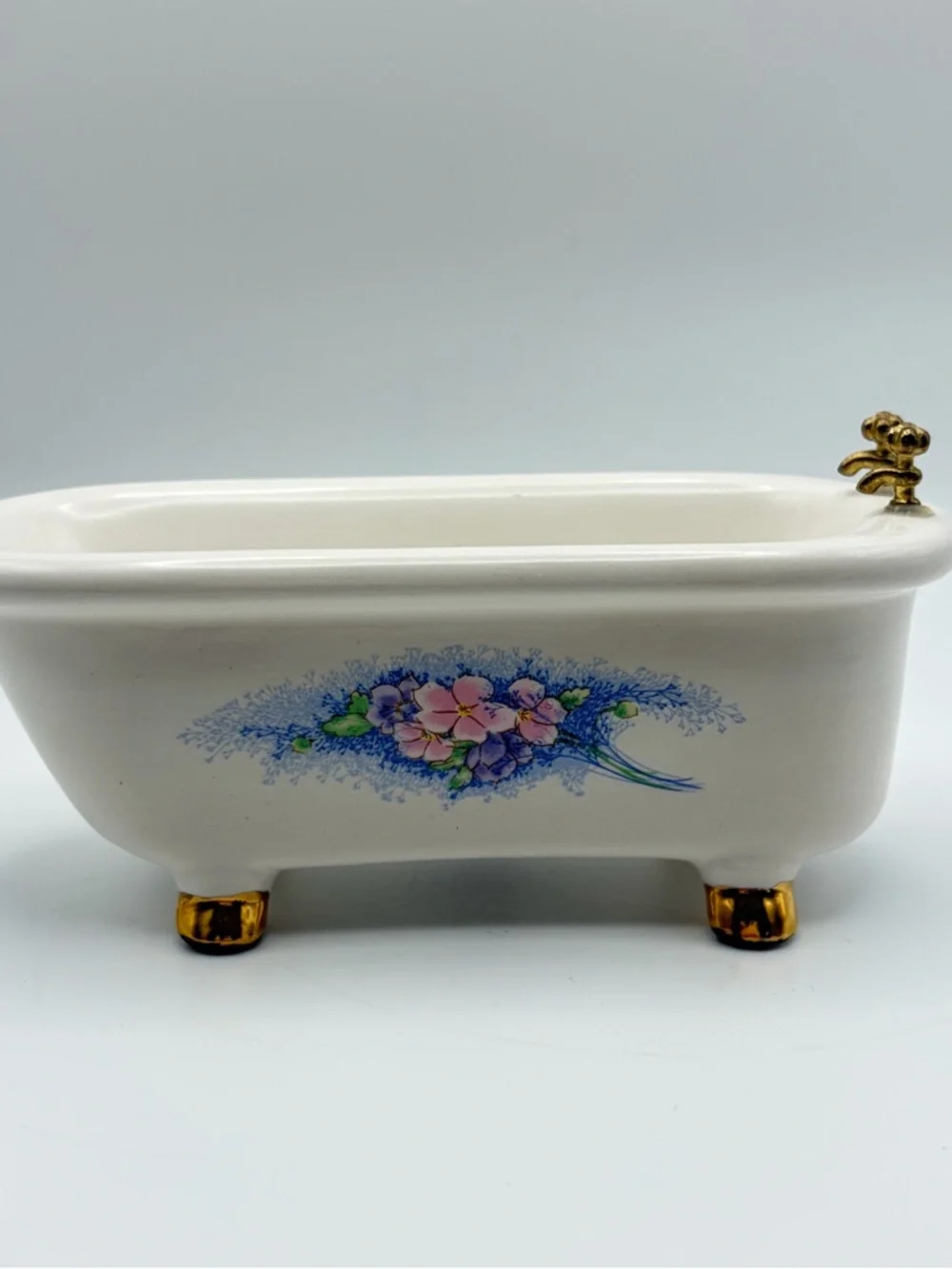 Vintage 1:12 Dollhouse White Ceramic Floral Miniature Bathroom Set w/ Gold Trim